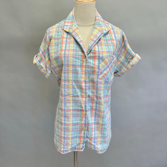 Vintage 80s plaid pastel seersucker roll short sleeve button up top small/medium - Picture 13 of 13